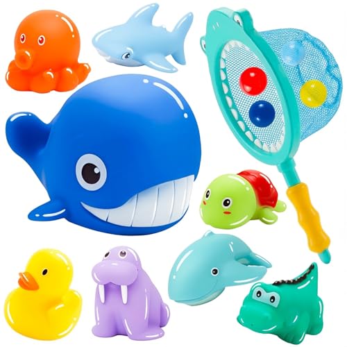 KDISHKRA Jouet de Bain pour Bébé 1 2 3 4 Ans, 13 Pièces Jeux de Bain Enfant avec Animaux Marins Colorés en Filet de Pêche en Boule océanique, Jeux Amusants pour Baignoire et Piscine