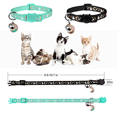 Image of 2PCS Breakaway Cat Collars with Bell Moons Stars Cute Kitty Adjustable Safe Kitten Collars with Pendant Glow in The Dark(Black&Teal)