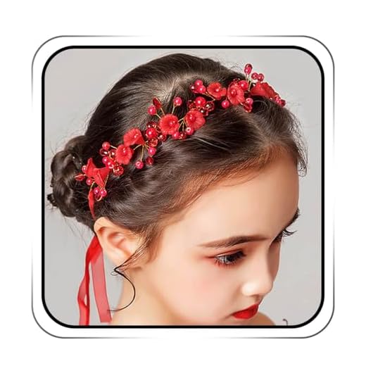 IYOU - Diadema de princesa con flores rojas y perlas, accesorios de boda para el pelo para la novia y para las niñas encargadas de tirar las flores
