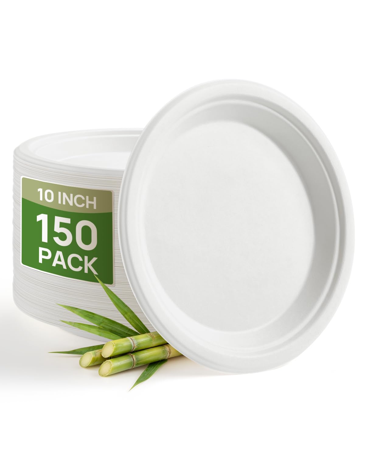 Goodluck 10 Inch Paper Plates,150 Pack Disposable Sugarcane Plates,100% Compostable Biodegradable,Heavy Duty Eco-Friendly,Perfect for Everyday Use, BBQ, Wedding, Office, Picnics and Parties