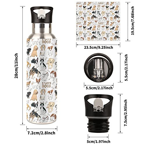 Cute Doodle Dog Print Sport Water Bottle, Animal Vacuum Insulated Leakproof Stainless Steel Drinking Bottle With Straw Lid For Travel Fitness Outdoor Flask Sports Gym, 32 Oz #TOP1