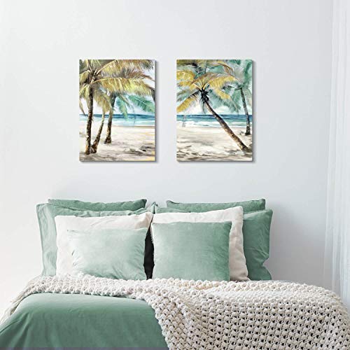Artistic Path Beach Palm Trees Wall Art: Abstract Coastal Seascape Artwork Print On Canvas Pictures For Living Room (18" W X 24" H X 2 Pcs,Multi-Sized) #TOP4