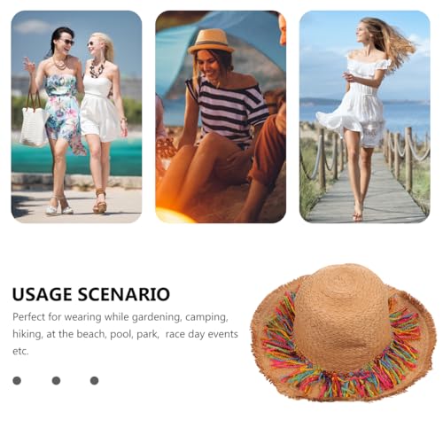 Sombrero grande de paja caqui con borlas coloridas para mujer miniatura 2