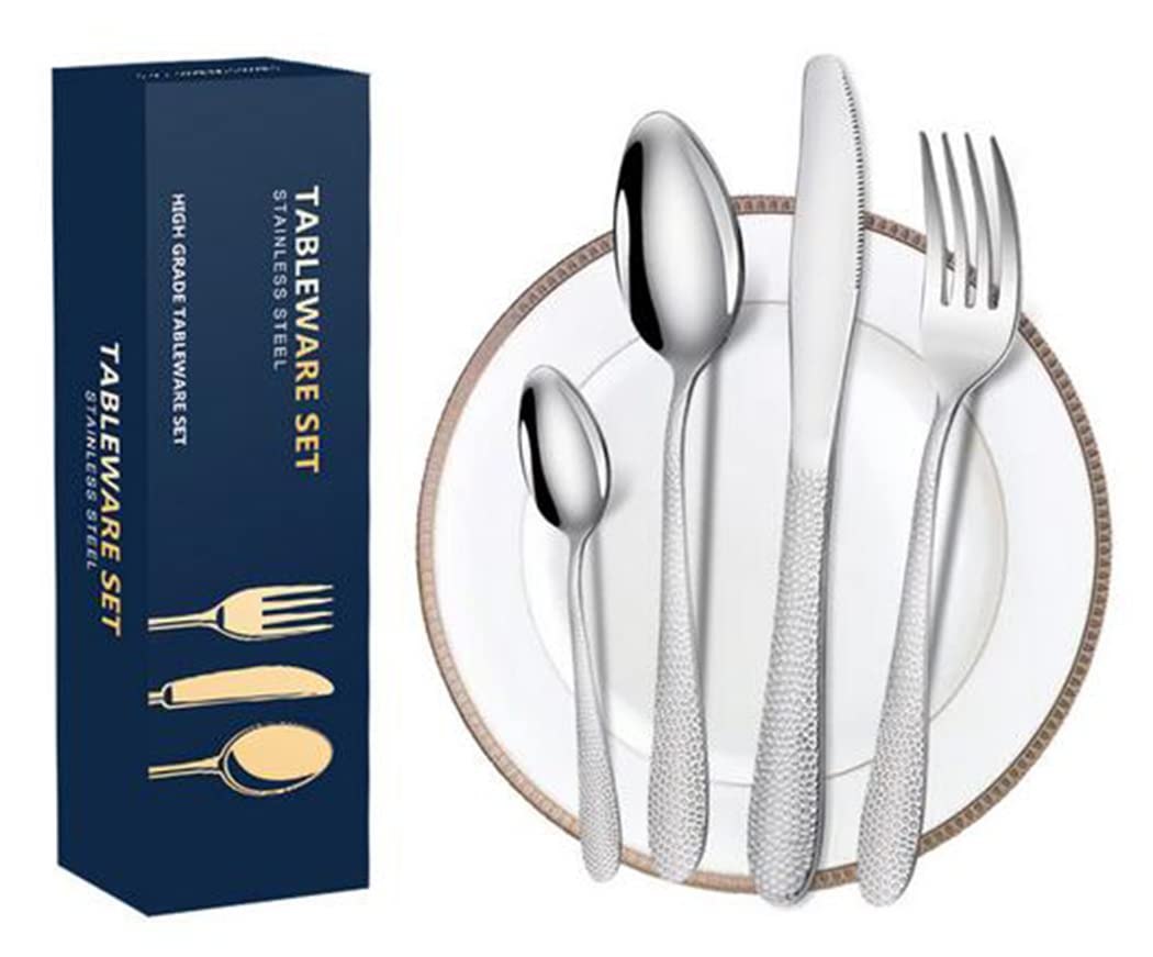 XIAOYU Juego de cubiertos martillados de 16 piezas, juego de cubiertos de acero inoxidable para 4, juego de cubiertos aptos para lavavajillas para cocina casera y restaurante, negro