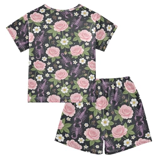 Pajama Short Sets Floral Scorpion Pattern Soft Cotton Summer Sleepwear 2 Piece PJS Size 5-14T2