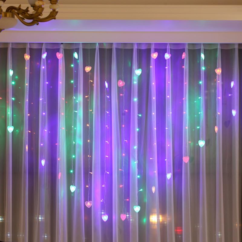 SHANJIA Heart-Shaped Curtain Light, 124 LED 124 LED 2M x 1.5M Fairy Curtain Light Heart-Shaped Chandelier USB Port for Party Bedroom Wedding Decorate (4cm, Multicolor)