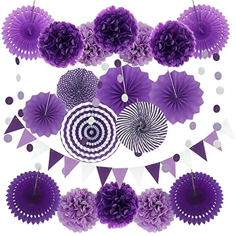 Zerodeco Party Decoration, 21 Pcs Purple and Lavender Hanging Paper Fans, Pom Poms Flowers, Garlands String Polka Dot and Triangle Bunting Flag for Birthday Party, Baby Showers, Wedding, Mermaid Party Cover