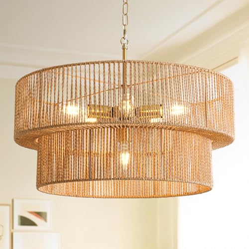 6-Light Boho Rattan Chandelier, 23.6" Rattan Pendant Light Fixture with 2-Tier Hand-Woven Shade, Farmhouse Chandelier Ceiling Light Fixture for Dining Room, Living Room, Bedroom, Kitchen Island, Foyer
