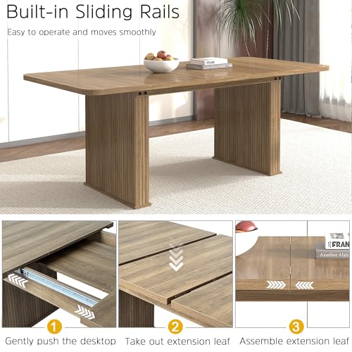 Image of 78.74 inch Extendable Dining Table for 6 8 10 Person, Farmhouse Rustic Expandable Table Large Rectangle Wooden Expanding Table with Fluted Pedestal Base for Kitchen Dining Meeting Room Small Space, Brown