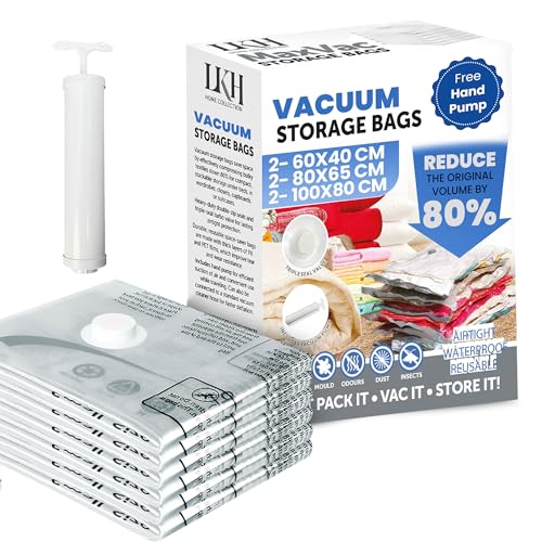 LKH Vacuum Storage Bags with Pump – Heavy-Duty Clothes Storage Bags – Waterproof, Airtight & Reusable Space Saver Bags – Reduce Volume by 80% – 3x Seal Valve Multi-Size (6 pack)