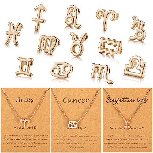 96 Pieces Zodiac Theme Charm Set Includes 48 Pieces Zodiac Theme Sign Letter Word Pendant and 48 Pieces Zodiac Charm Necklace Display Cards for Jewelry, Necklace, Bracelet Making (Gold)