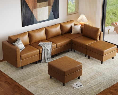 Image of ABCASA Faux Leather Sectional, Modular Sectional Sofa with Storage Seats, 7 Seat Faux Leather Modular L Shaped Couches with Movable Ottoman for Living Room,Brown
