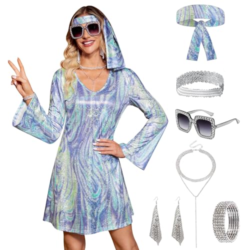 Clarisbelle Women Halloween Disco 70s 1970s Outfit Party Dancer Glitter Mini Dress Blue Purple Gleam L