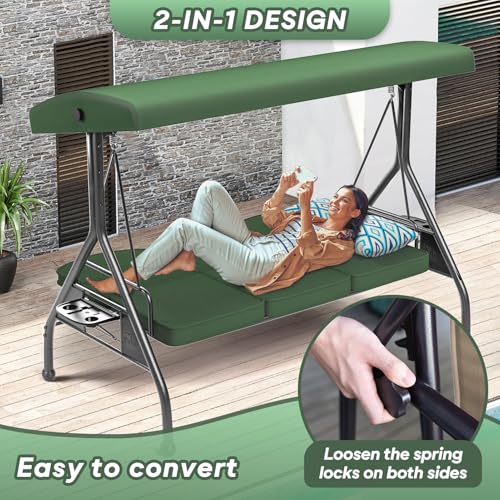 Image of ZZW 3 Seat Outdoor Porch Patio Swing with Stand 800lbs 2-in-1 Convertible Swing Bed with Adjustable Canopy & Removable Cushion for Yard Garden Deck (Green, Round Tube)
