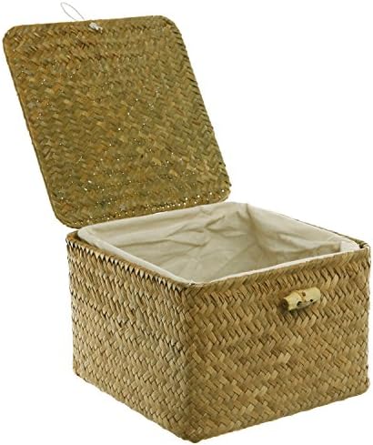 MyGift Decorative Handwoven Rattan Small Storage Basket with Lid and Removable Fabric Liner