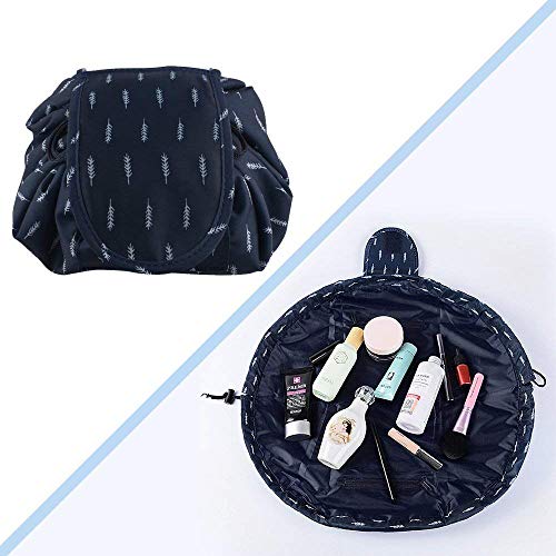 Image of Maharsh Women's Convenient and Waterproof Multifunction Portable Lazy Travel Cosmetic Storage Makeup Organizer Toiletry Bag with Drawstrings (Dark Blue Leaf)