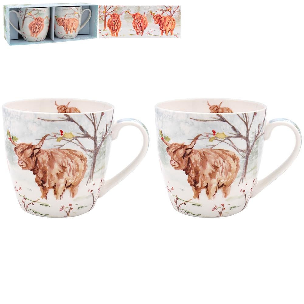 Christmas Highland Cow Festive Set of 2 Mugs Gift Boxed