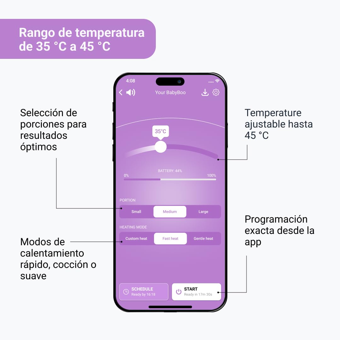 BABYBOO Calentador de biberón portátil - Calentador de biberón y alimentos para bebés con batería, control a través de aplicación, calentamiento rápido 70 W, anillo LED, hasta 45 °C, bandeja extraíble