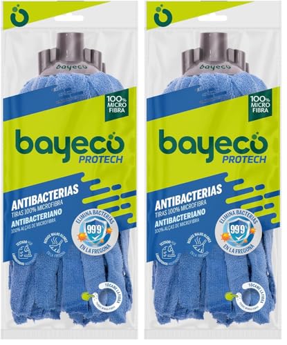 Bayeco - Copptech Antibacterias Suelos Protegidos - Fregona de Tiras 100% Microfibras - Elimina el 99,9% de bacterias y hongos en la fregona - Gran capacidad de absorción - 1 unidad (Paquete de 2)