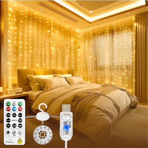 HXWEIYE 300LED Untangled Curtain Lights, 9.8x9.8Ft USB Fairy Twinkle String Lights with Remote and DIY Timer, 8 Modes Window Wall Hanging Light for Bedroom Dorm Backdrop Room Decor, Warm White