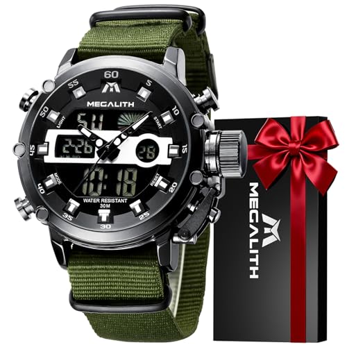 Megalith - Reloj para Hombre, Reloj Militar, Deportivo, Impermeable, cronógrafo, Alarma, Fecha, LED, Digital, analógico, Relojes de Moda, Gran Esfera empresarial Informal, B1-Verde, Standard, Moderno