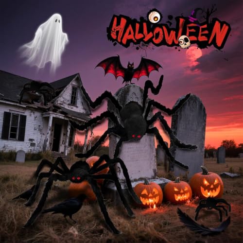 Image of Giant Spider 2.46 Ft, 4 Packs Halloween Decorations Fake Halloween Decor Spiders Large, Furry Spiders for Outdoor Indoor Yard Home Costumes Party House Decor, 2.46Ft*2 /0.98Ft*2
