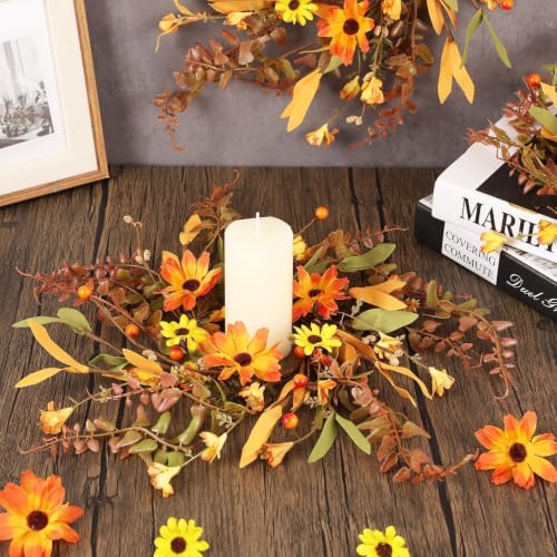 Image of 6 Pcs 3 Inch Fall Daisy Candle Rings Thanksgiving Table Centerpieces Mini Artificial Candle Rings Autumn Daisy Wreaths Cabinets Farmhouse Autumn Wreath for Indoor Front Door Wall Window Decorations