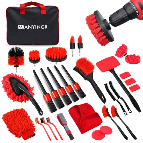 MIANYINGR 32Pcs Car Detailing Kit, Auto Detailing Brush Set and Drill Brush Attachments with Portable Handbag, Multi-Functional Vehicle Cleaning Tool for Wheels, Windshield
