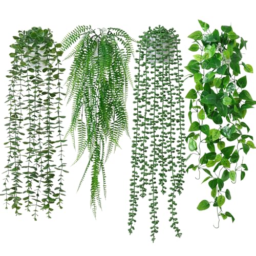 Betylifoy Artificial Hanging Plant with Pot Fake Hanging Plants 4PCS Faux Plants for Indoors Trailing Plants Indoor Faux Eucalyptus Potted Plant for Home Garden Office Decor (Green Fern)