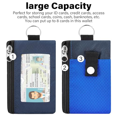Image of Minimalist RFID Wallet with Lanyard, Multi-Functional ID Case with 2 Zipper Pockets and Key Chain for Men and Women, Tactical Badge Pouch Cards Holder, Coin Purse for Travel Sports-DarkBlue