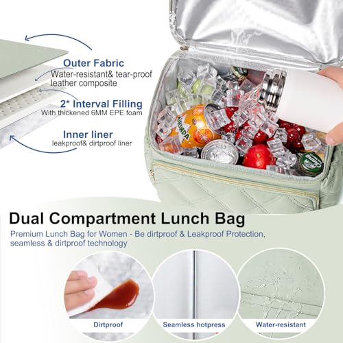 Weitars Lunch Bag for Women Men,Double Deck Lunch Box for Women,Quilted Lunch Tote for Work,Insulated Lunch Cooler Leakproof Lunchbox for Adult with Shoulder Strap &Pockets for Picnic Hiking (Green) by Weitars - Image 6