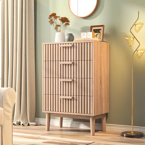 MISNODE Commode 4 Tiroirs, Commode Chambre avec 4 tiroirs, Commode Meuble de Rangement, Commode Bois Chambre Adulte Buffet de Rangement pour Couloir, Chambre, Salon, Salle de Bain (4 tiroirs Bois)