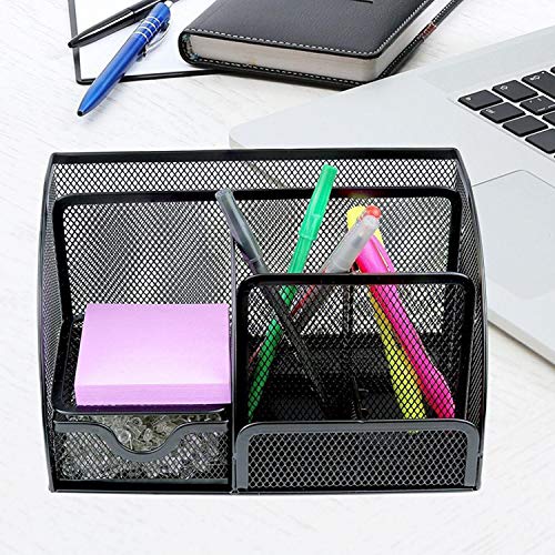 Image of Mesh Desk Organizer Office Supplies Caddy Steel Mesh Desk Organizer Supply Caddy with 6 Compartments And 1 Drawer - Black