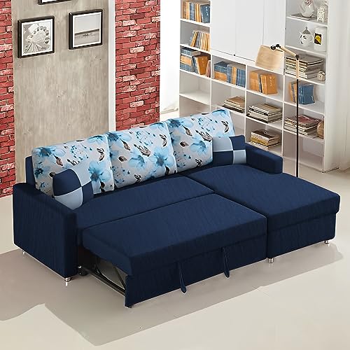 Image of Orland 4 Seater LHS L Shape Sofa Cum Bed for Living Room | Color - Blue | Premium Fabric Sofa