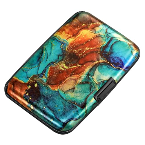Image of ELFISH Mini RFID Aluminum Wallet Credit Cards Holder Business Card Case Metal ID Case for Men Women, Blue Brown Marble, 4.33 x 2.95 x 0.75 inches, Compact
