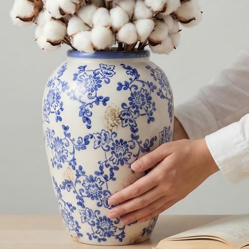 Vase à fleurs bleu et blanc craquelé glacé déco table
