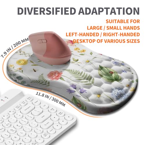Image of Ergonomic Joint Wrist Support Mouse Pad with Memory Foam Cushion Massage Bump, Carpal Tunnel Pain Relief Mousepad Slope Design for Wrist Rest, 11.8x7.9 in, Bee Butterfly Flower