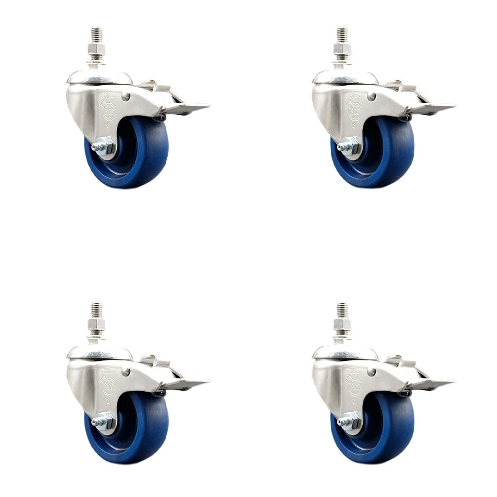 Solid Polyurethane Swivel Stem Caster Set of 4 with 3 Inch Caster Wheels - 10mm Metric Threaded Stems -316 Stainless Steel Casters-Includes 4 Swivel Casters with Total Lock Brakes-Service Caster Brand