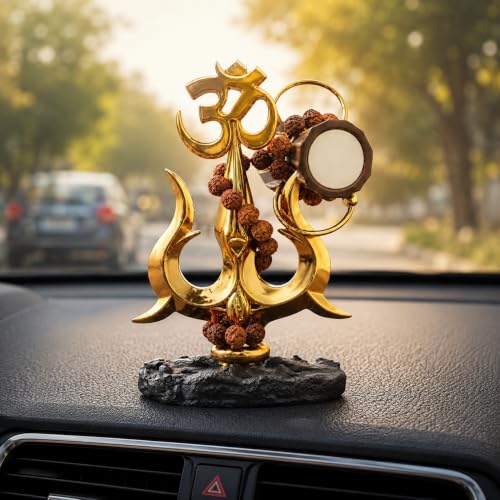 Image of Lord Shiva Trishul Idol with Om, Damru & Rudraksha Beads - Resin Gold Finish, 4.5 Inch | Spiritual Decor for Home Temple, Office Desk & Car Dashboard