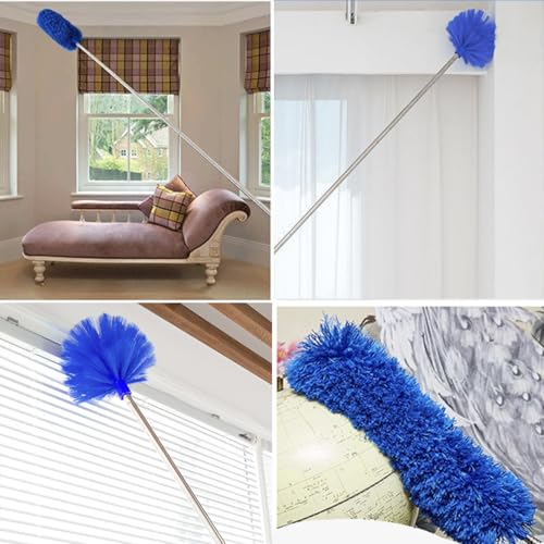 Image of Cobweb Duster with Extension Pole, Ceiling Cob Web Cleaner Kit with 2 Duster Heads, 15-100 Inch Telescopic Microfiber Cleaning Duster, Long Corner Duster Tool for High Walls, Fans, Blinds Blue