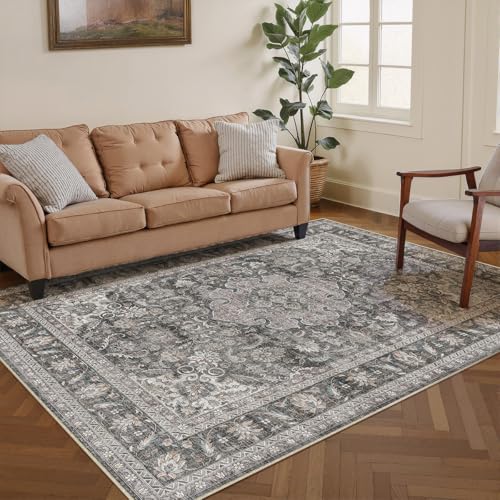 5x7 Washable Black Grey Vintage Area Rug for Living Room Bedroom Traditional Low Pile Carpet Non-Slip Retro Distressed Accent Vacuumable Throw Rug for Dining Room Office