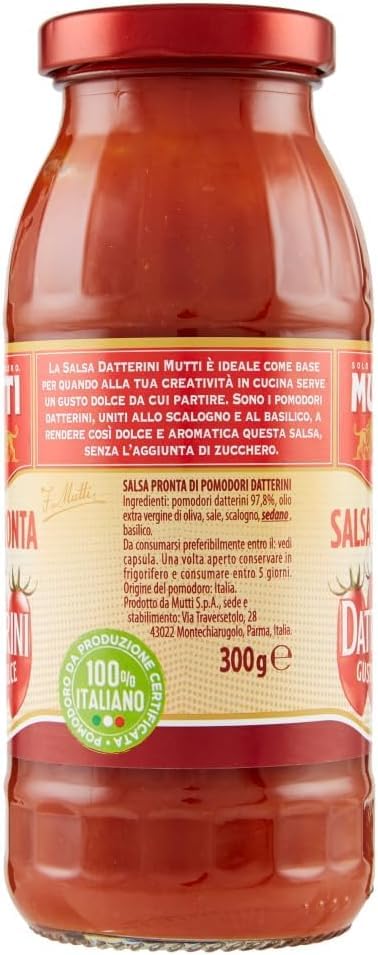 Mutti Salsa Pronta Datterini, Sugo di Pomodoro 100% Italiano, Confezione da 12 x 300g, + portachiavi italy shop service