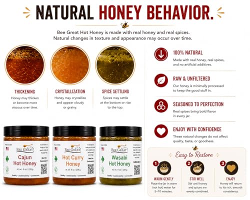 Bee Great Hot Honey Trio Variety Pack Gift Box – Cajun, Curry & Wasabi – Sweet Heat from the Hive – 3×8 oz Small-Batch Gourmet Gift Set - Image 6