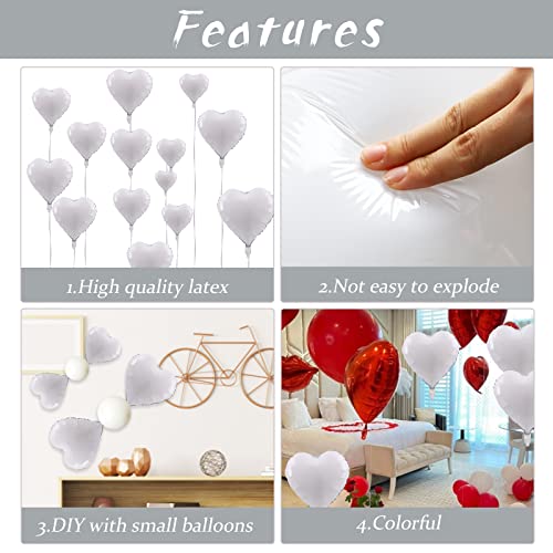 Grey White Heart Foil Heart Shaped Balloons, 10Pcs White Foil Heart Balloons Valentines 18Inch White Love Foil Balloons For Helium Valentine Decorations For White Wedding, Brithday Party, Anniversary #TOP3