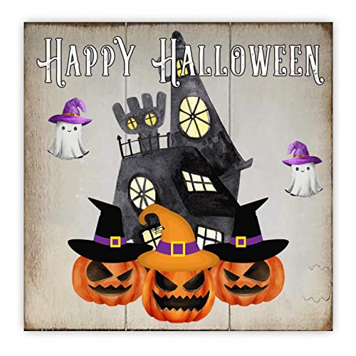 Panneau Halloween en bois avec motifs sorcière et fantôme pour habillage mural de salle de bain