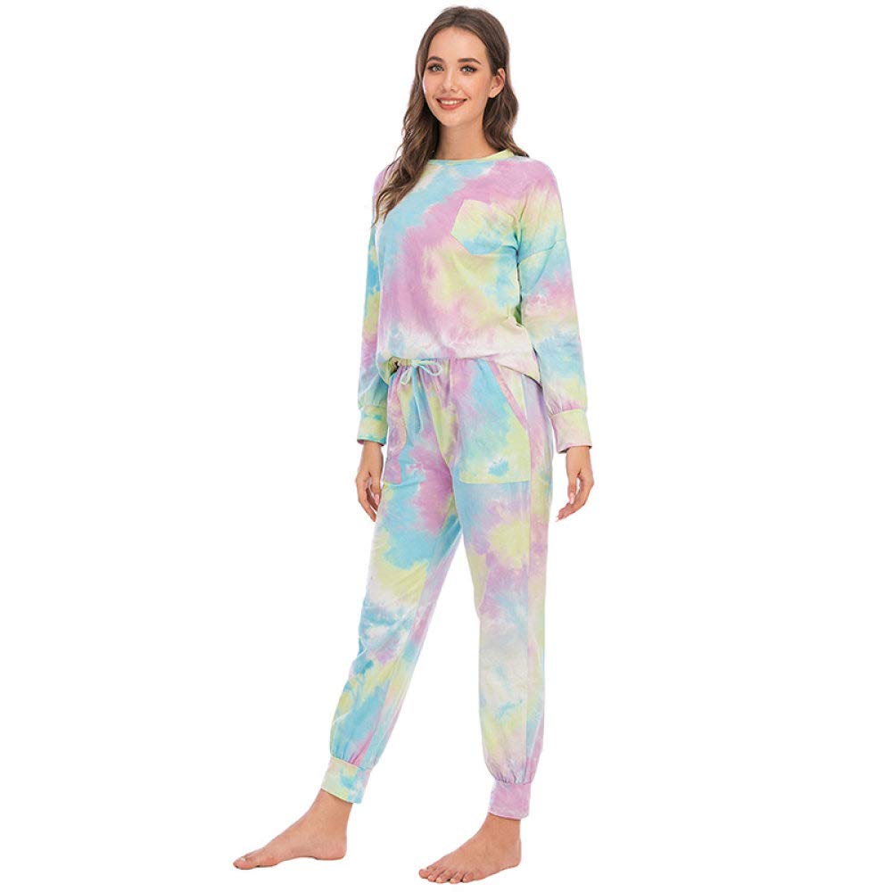 Schlafanzug,Damen-Pyjama-Sets Grün-Rosa Baumwolle Rundhals Batik Elastischer Bund Mit Tasche Kuschelig Warm Langarm Pjs Top & Unterteil Set Loungewear Nachtwäsche Weiche Faultier Nachtwäsche
