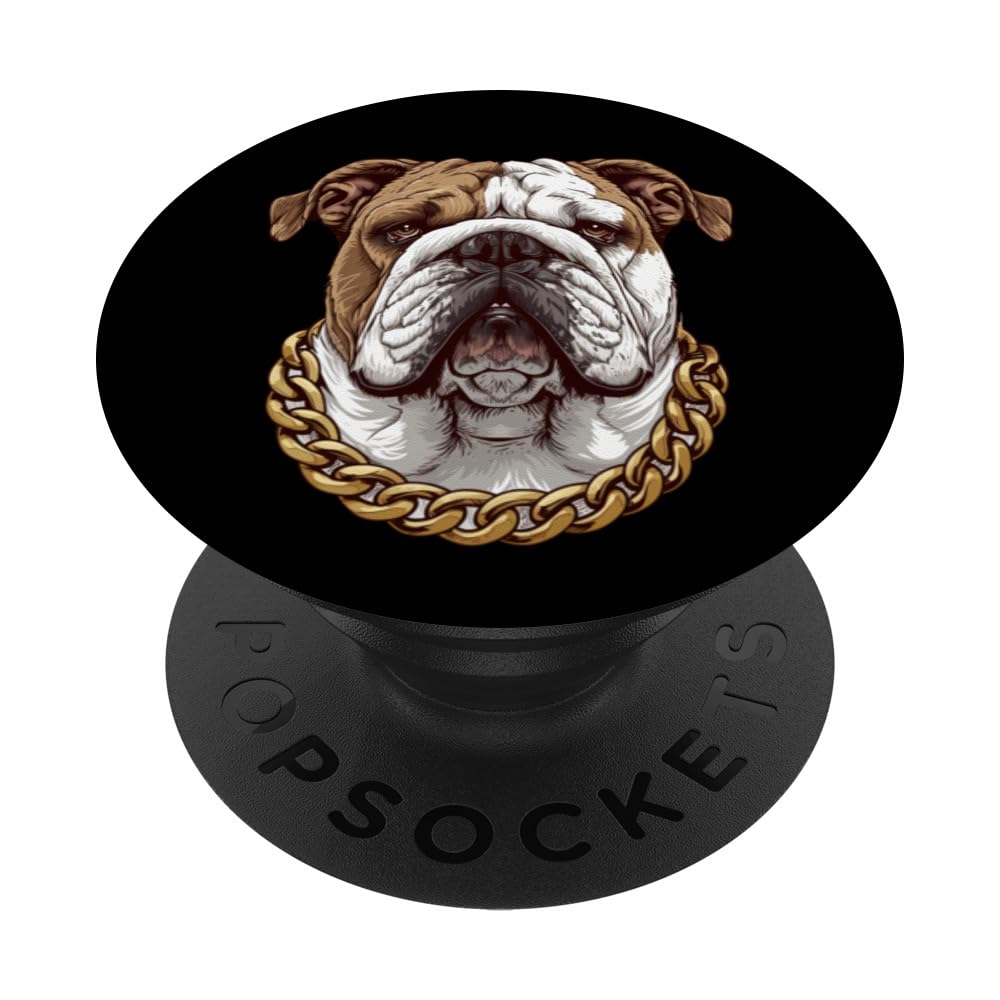 Stylish English Bulldog with Golden Chain Collar Necklace PopSockets Swappable PopGrip, Black