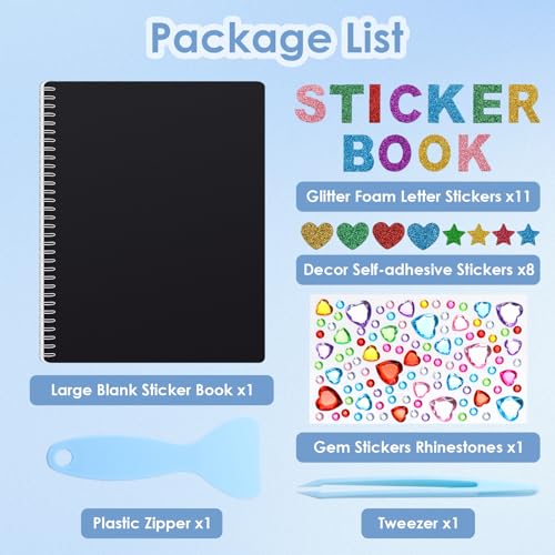 Álbum reutilizable para coleccionar pegatinas UFU, tamaño 8,5 × 11 pulgadas, con 40 hojas de papel liberador en blanco, pegatinas de letras y gemas, y herramientas miniatura 2