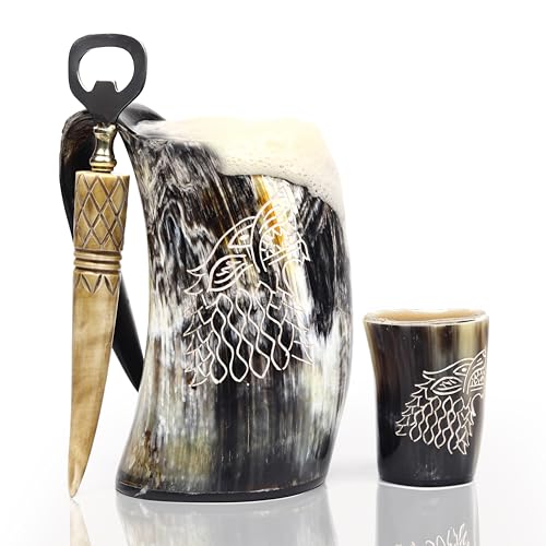 HORNART - Handcrafted Ox Horn Mugs For Men, 3 pcs Set With Shot Glass, Opener - Gift for Men Large Vikings Drinking Horn Mug (Wolf)