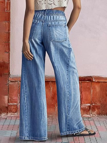 Flamingals Wide Leg Jeans for Women Casual Baggy Mid Rise Drawstring Elastic Waist Seam Detail Wash Denim Pants4